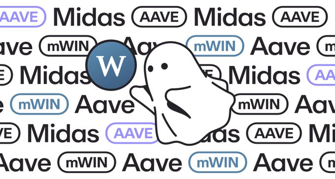 A cartoon ghost graphic overlaid on a repeating pattern of logos for Aave, Midas, and mWIN cryptocurrencies, with a blue 'W' icon.