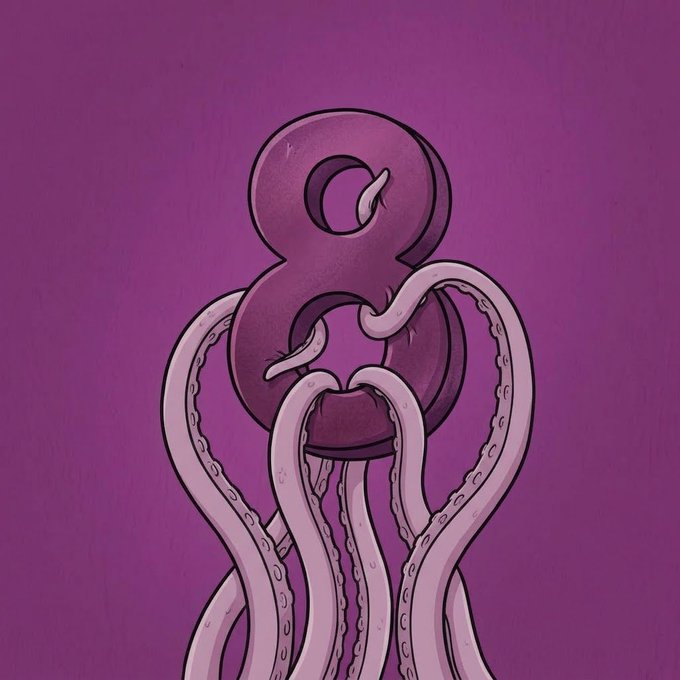 A digital illustration of a pink and purple octopus with the number '8' shape for its head, set against a purple background.