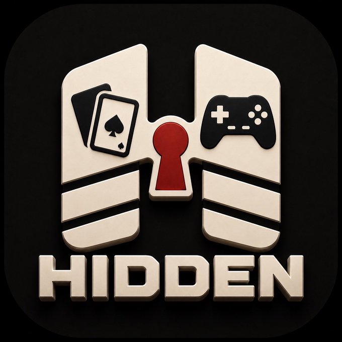A 3D rendered app icon featuring a stylized 'H' combined with playing cards and a game controller, with the word 'HIDDEN' displayed below.
