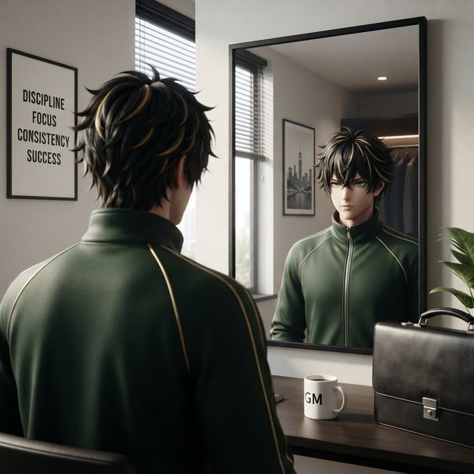 An anime-style illustration shows a young man looking at his reflection in a mirror, wearing a green jacket, with a framed poster reading 'DISCIPLINE FOCUS CONSISTENCY SUCCESS' on the wall.