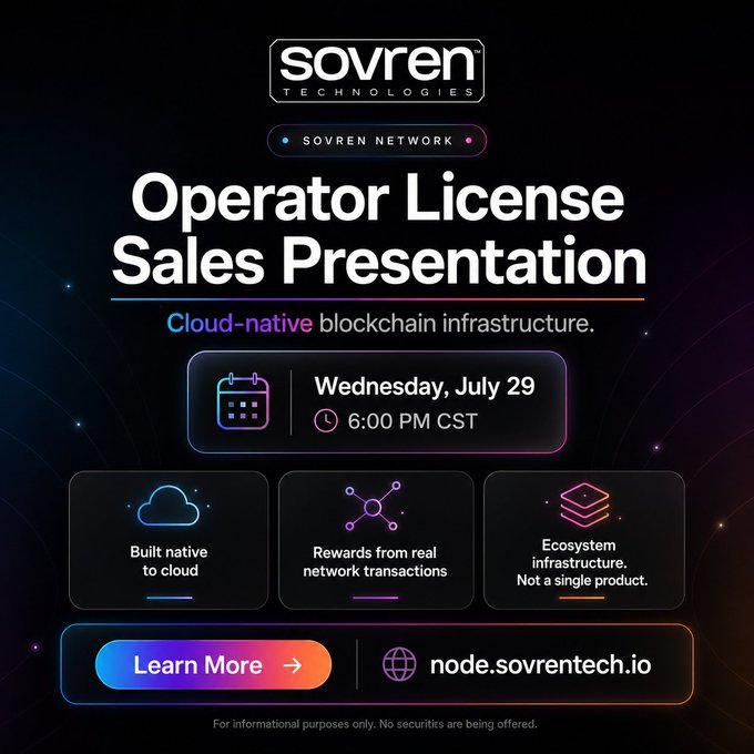 Sovren Technologies' 'Operator License Sales Presentation' promotion for the Sovren Network, scheduled for Wednesday, July 29 at 6:00 PM CST.