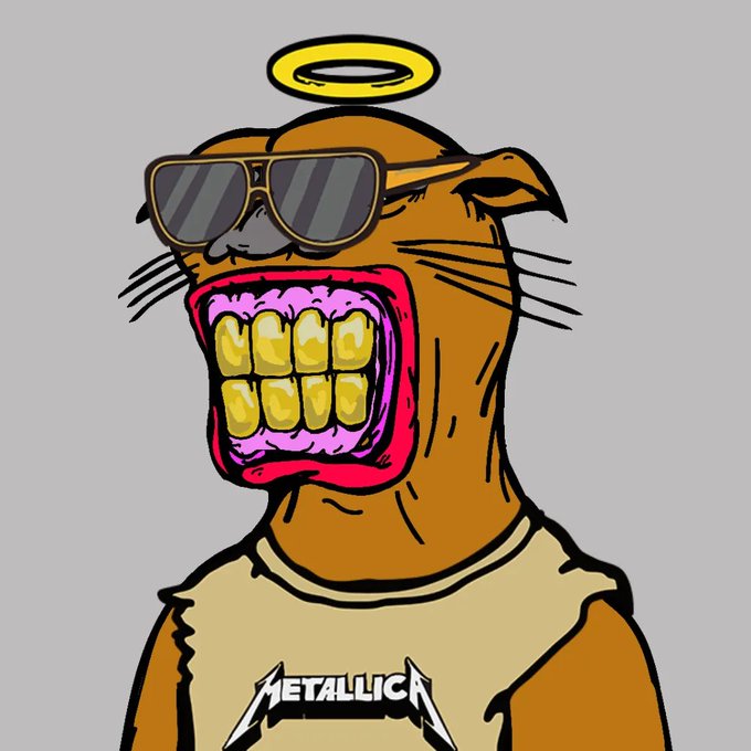 A cartoon illustration of a brown animal (resembling a beaver or hamster) with a yellow halo, wearing sunglasses and a shirt that says 'METALLICA', with its mouth wide open showing gold teeth and a pink interior.