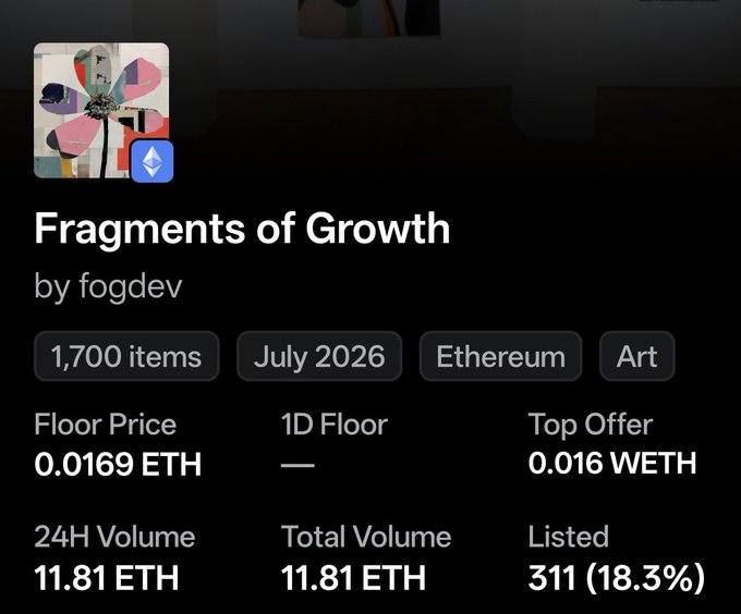 An NFT collection page for 'Fragments of Growth' by fogdev on Ethereum, showing floor price 0.0169 ETH, top offer 0.016 WETH, and 24H volume of 11.81 ETH.
