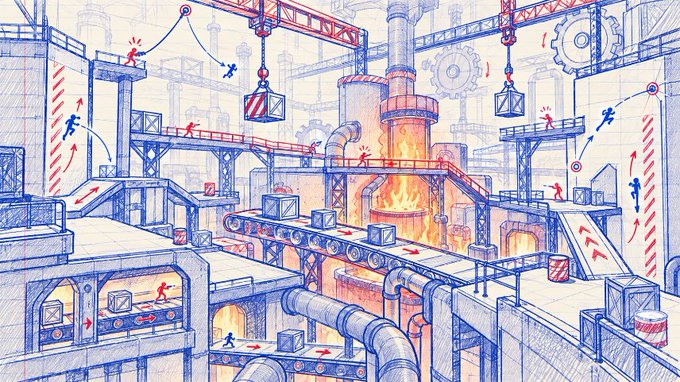 A detailed technical illustration of an industrial factory featuring complex conveyor belts, cranes, pipes, and workers with red and blue stick figures navigating the multi-level structure.