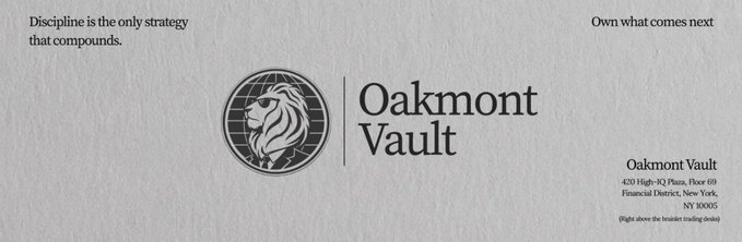 An elegant promotional banner for 'Oakmont Vault' featuring a lion emblem logo, the tagline 'Discipline is the only strategy that compounds' on the left, 'Own what comes next' on the right, and an address at 470 High-R2 Plaza, Floor 03, Financial District, New York, NY 10005.