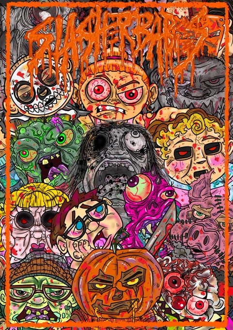 Colorful, busy horror-themed illustration featuring a dense arrangement of cartoonish monster characters with the word 'SCARETROPHIC' drawn at the top.