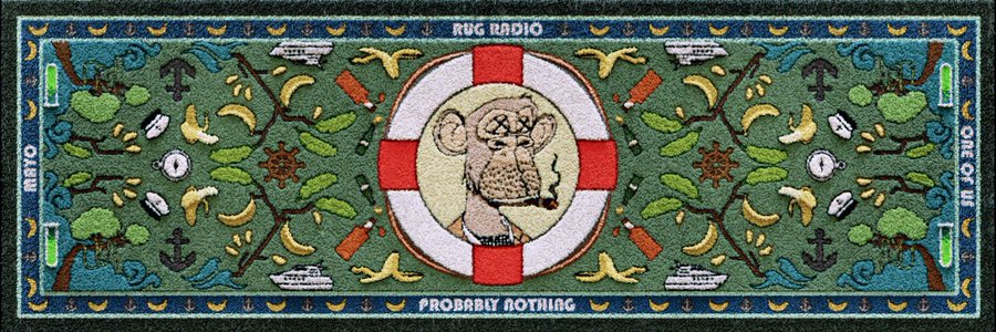 A decorative rug-style illustration featuring a monkey with X'd out eyes in a life preserver, surrounded by nautical elements like bananas, ships, and anchors, with the text 'RUG RADIO', 'MAYO', 'ONE OF US', and 'PROBABLY NOTHING'.