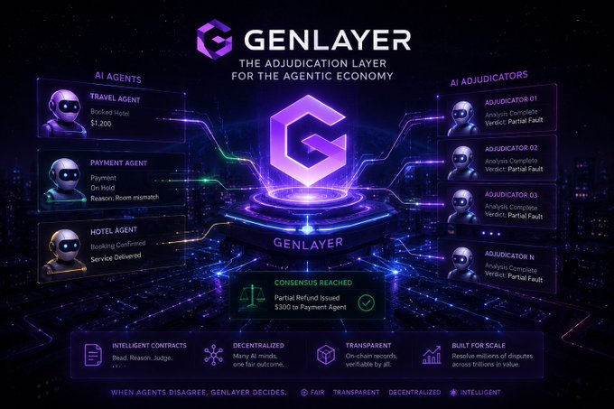 A promotional graphic for 'GENLAYER - THE ADJUDICATION LAYER FOR THE AGENTIC ECONOMY,' depicting AI agents and AI adjudicators with text about consensus being reached and a $300 partial refund issued to the Payment Agent.