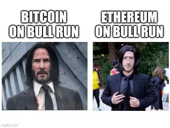 This meme contrasts a serious Keanu Reeves as John Wick for "BITCOIN ON BULL RUN" with a less polished lookalike for "ETHEREUM ON BULL RUN," humorously suggesting Ethereum is following Bitcoin's lead. The accompanying post "$ETH needs some love too" implies Ethereum is gaining momentum similarly to Bitcoin.