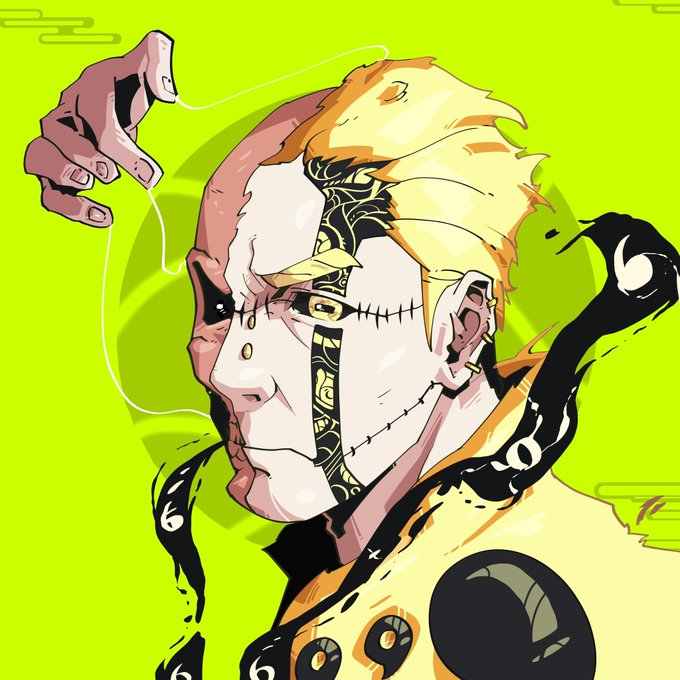 An anime-style illustration depicts a character with blonde hair, facial stitches, and golden markings, with a disembodied hand holding a string above their head against a bright yellow-green background.