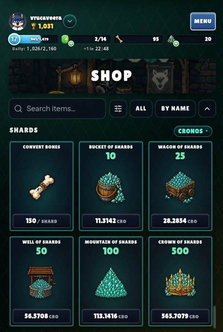 This screenshot from the Wolfage game depicts the shop section where there are multiple items for sale such as crowns, shields, bones, and other valuables that players can use or purchase within the game. The shop page displays these items available in various shapes, sizes, colors, and materials for both combat and personal use. The focus of this particular post is on the conversation about the normal way of progressing through levels in the game and how it differs from degen players' approach. This information helps us understand that the normal players aim to climb one level per day while degen players are aiming to fill their stamina points again after every battle for a whole new level, indicating a significant difference between these two strategies within the gameplay experience.
