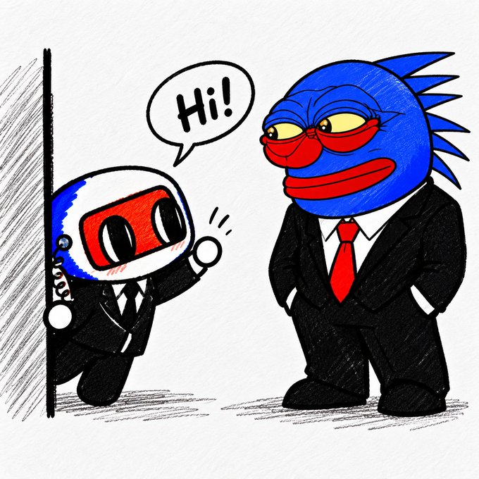 A hand-drawn illustration shows a small blue and white robot character peeking out from behind a wall and saying 'Hi!' to a larger figure with a blue spiky head, red face mask, and black business suit with a red tie.