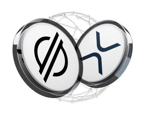 3D rendering of two overlapping silver coins on a white background; the left coin displays a stylized 'S' logo and the right shows a swirl/swoosh logo, with a network mesh behind them.