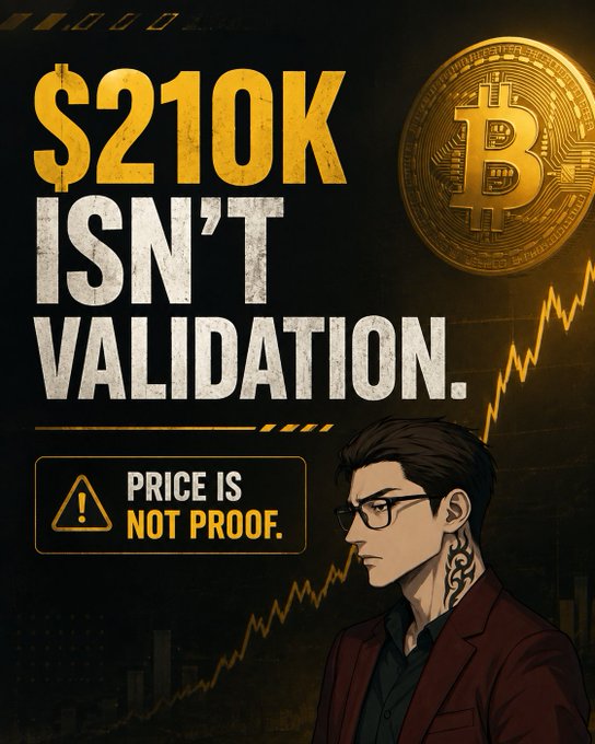 A graphic poster with the text '$210K ISN'T VALIDATION. PRICE IS NOT PROOF.' alongside an illustration of a Bitcoin coin, a rising chart line, and a man with glasses and a neck tattoo.