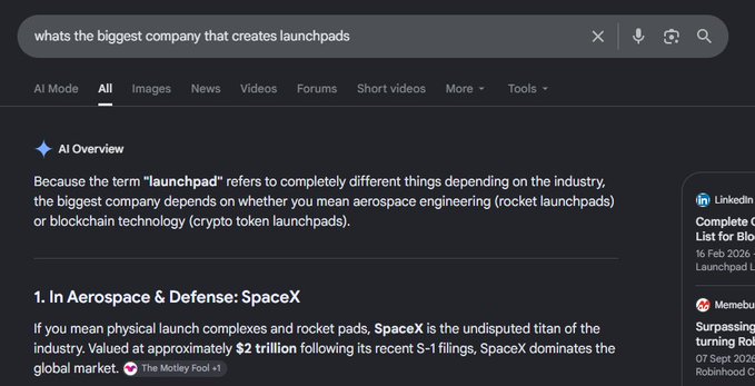A Google search results page for "whats the biggest company that creates launchpads" with an AI Overview identifying SpaceX as the largest aerospace launchpad company, valued at approximately $2 trillion.