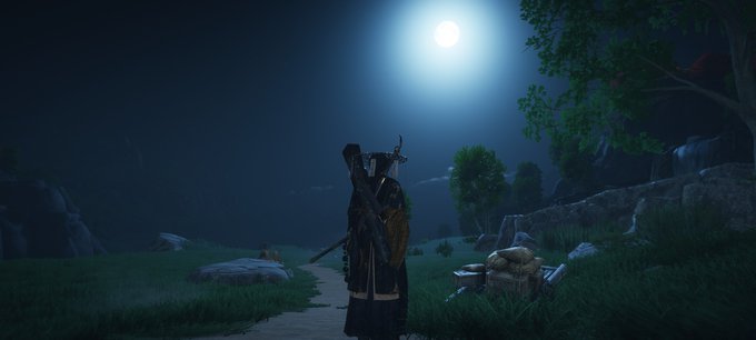 A nighttime scene from a video game (appears to be Crimson Desert or similar) showing an archer character in a brown hooded outfit standing on a path under a bright full moon, with rocky terrain, grass, and trees visible in the moonlit landscape.