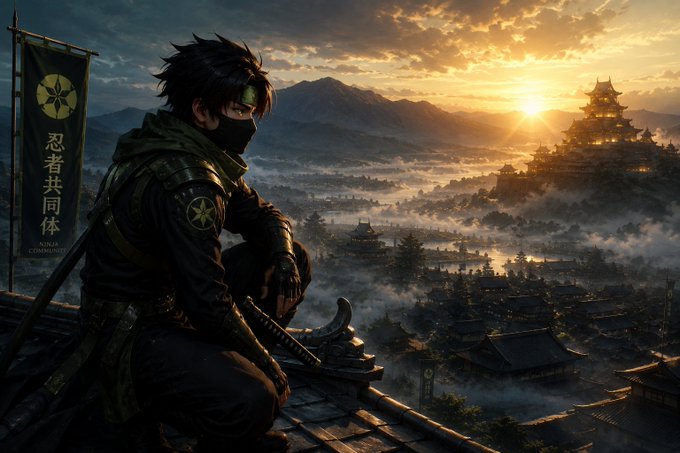 A ninja character in dark gear with a headband crouches on a rooftop, overlooking a misty ancient Japanese village and a grand castle at sunset, next to a banner reading '忍者共同体' (Ninja Community).