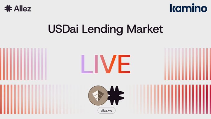 A graphic displays "USDai Lending Market" with "LIVE" in the center, flanked by logos for "Allez" and "Kamino," and the URL "allez.xyz" at the bottom.