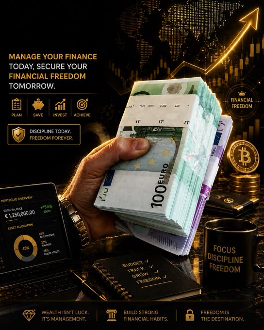 A financial motivational graphic showing hands holding stacks of euro currency, with text reading 'MANAGE YOUR FINANCE TODAY, SECURE YOUR FINANCIAL FREEDOM TOMORROW' and slogans like 'DISCIPLINE TODAY, FREEDOM FOREVER' and 'FOCUS DISCIPLINE FREEDOM'.