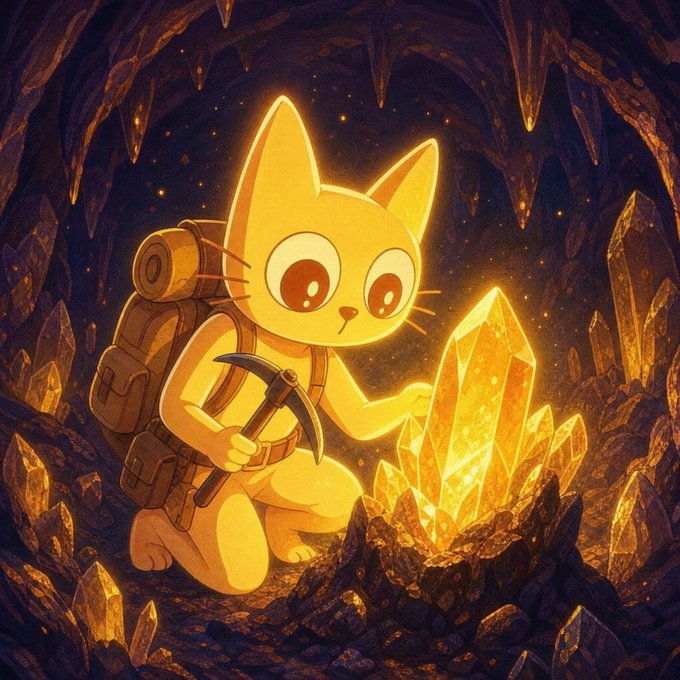 An illustration of an adorable yellow cat character with a backpack and pickaxe discovering glowing crystals in a dark cave.