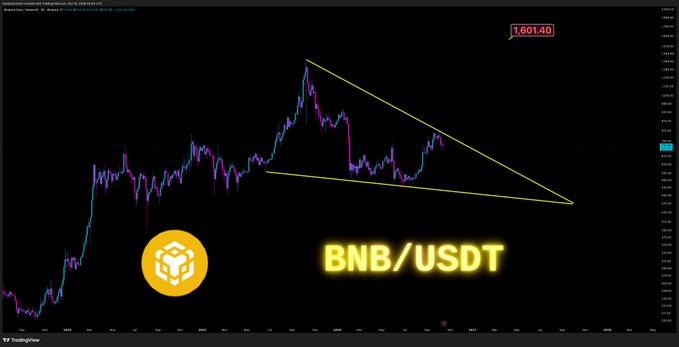 A TradingView chart of BNB/USDT on TradingView displays a descending triangular/falling wedge pattern drawn in yellow from the $1,370 high down through price action toward the upper resistance line near $800 (recently rejected) and lower support around $730–$540, with an annotation marking the projected breakout target of $1,601.40, visually illustrating the technical setup described in the analysis.