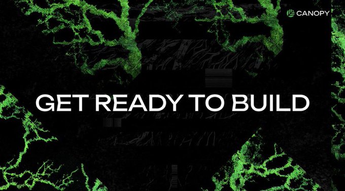 A dark promotional graphic with green textured, moss-like patterns and the text "GET READY TO BUILD" in large white letters, with a small "CANOPY" logo in the top right corner.