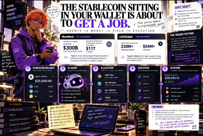 An infographic titled 'THE STABLECOIN SITTING IN YOUR WALLET IS ABOUT TO GET A JOB' detailing information about stablecoins, featuring logos for BlackRock and Coinbase, and stats like '$300B stablecoin supply' and '+402 processed 230M+ transactions'.