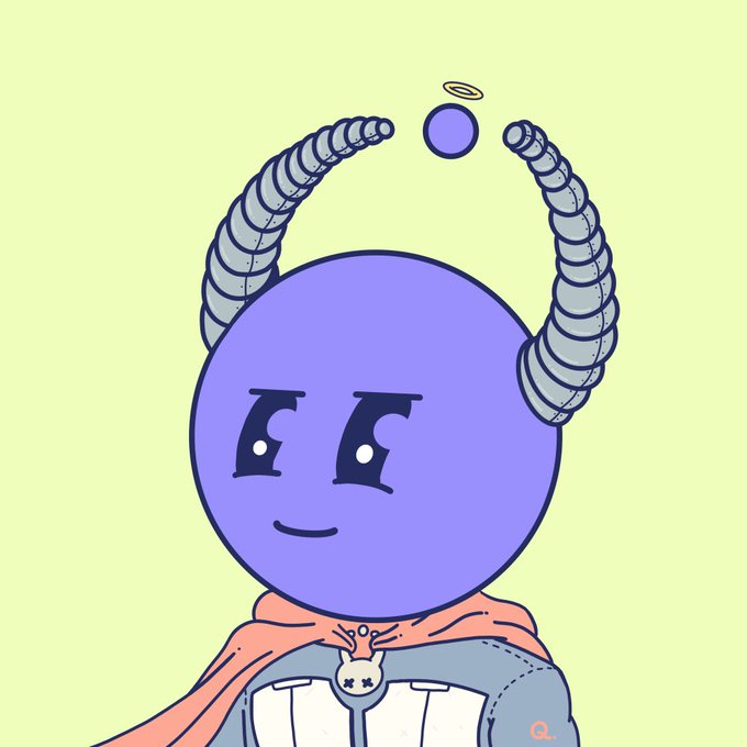 A cartoon illustration features a purple round character with curved horns, a halo, and a small smile, wearing a peach-colored scarf and gray hoodie.