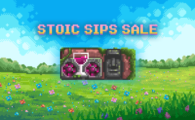 Pixel art advert for "STOIC SIPS SALE" showing a wine glass, grape cluster, and juicer on a grassy field, promoting Rollercoin's discounted crypto mining power package.