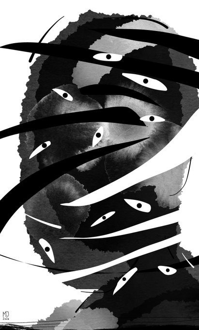 A black and white ink illustration featuring numerous eyes embedded within dark swirling shapes and horizontal bands.