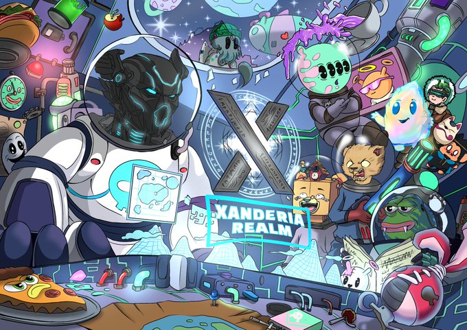 A vibrant, chaotic illustration labeled 'XANDERIA REALM' featuring a diverse cast of stylized characters, creatures, and objects in a colorful sci-fi/fantasy setting.