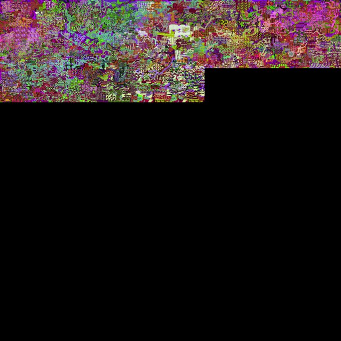 An abstract digital artwork featuring a dense, colorful mosaic-like pattern in the top portion of the image, while the bottom area remains completely black.