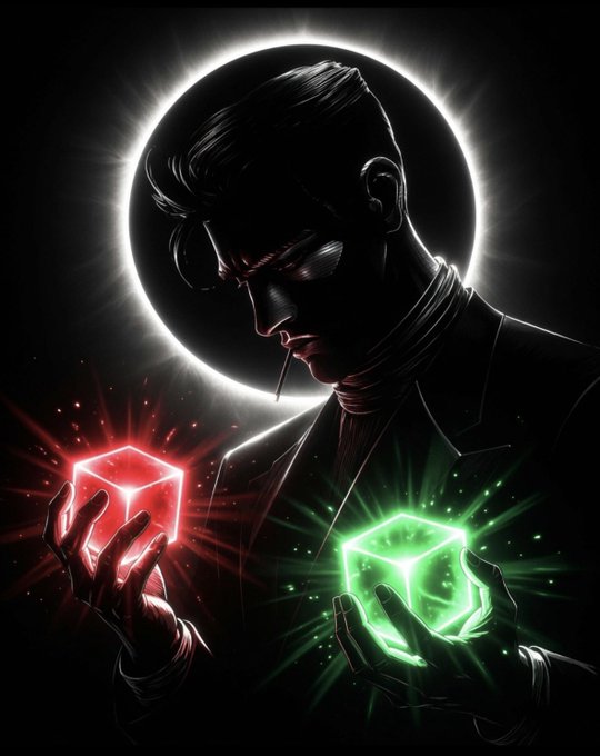 A stylized illustration of a man with slicked-back hair and glasses holding a glowing red cube in one hand and a glowing green cube in the other, backlit by a solar eclipse.