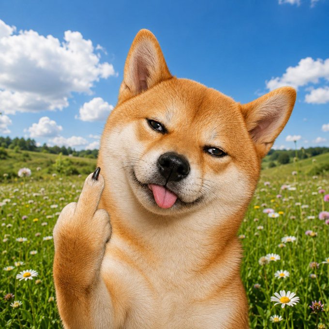 A Shiba Inu dog sits in a sunny flower-filled meadow with its tongue out and paw raised in a middle finger gesture, perfectly matching the sassy attitude of the "$SASS" token launch announcement on pump.fun.