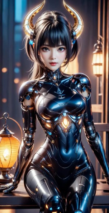 A digital art illustration of a futuristic cyborg woman with golden horns, dark hair, and a sleek metallic blue and black body, set against a backdrop of glowing lanterns.