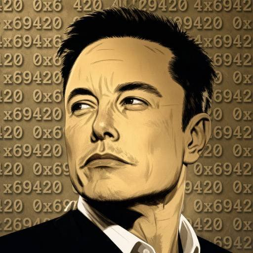 A stylized digital illustration of Elon Musk's face against a golden background filled with repeating hexadecimal characters '0x69420'.