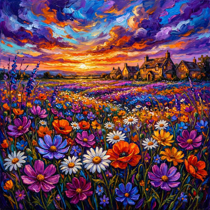 A vibrant impressionist-style painting of a colorful wildflower field with cosmos and daisies at sunset, with rustic cottages in the background under a dramatic purple and orange sky.