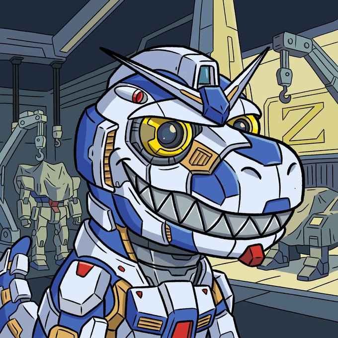 A stylized cartoon illustration of a Gundam mech (specifically the Zeta Gundam) with its distinctive blue and white armor and yellow eyes, set in what looks like a hangar.