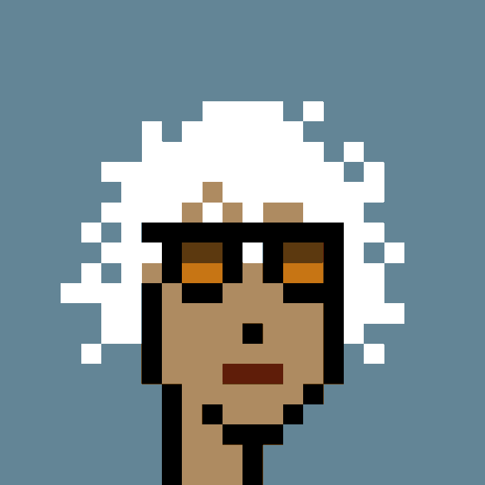 A low-resolution pixel art portrait of a person with white curly hair, dark sunglasses, and a beard, rendered in blocky pixels against a solid blue-gray background.