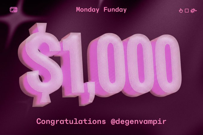 The image features a stylized 3D pink "$1,000" graphic on a dark magenta background with the text "Monday Funday" at the top and "Congratulations @degenvampir" at the bottom. It serves as an announcement graphic for the weekly Monday Funday winner of the Euphoria platform, celebrating user @degenvampir's $1,000 prize.