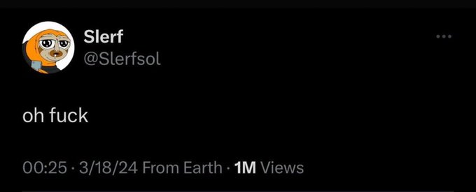 A tweet from crypto account @Slerfsol posted on 3/18/24 shows the simple two-word post "oh fuck," referencing the infamous Slerf token burn incident where a developer accidentally destroyed $10 million worth of pre-sale tokens, which paradoxically drove the meme coin's market cap to $700M.