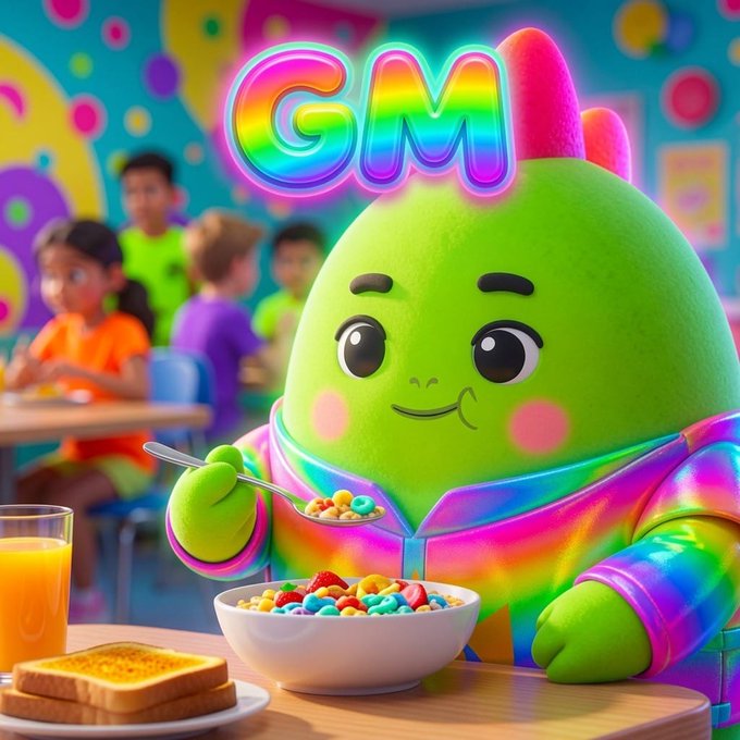 A colorful 3D-rendered illustration of a green cartoon creature wearing a rainbow hoodie, eating a bowl of colorful cereal, with 'GM' displayed in rainbow letters above and children in the background.