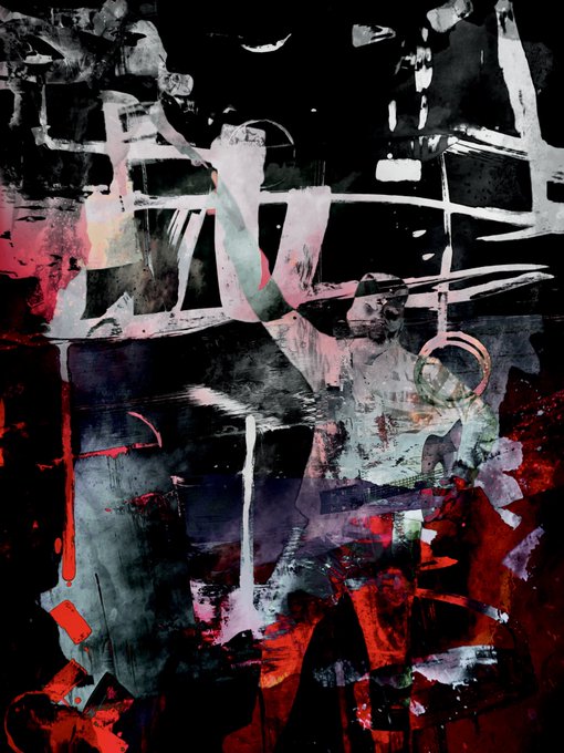 An abstract, dark-toned digital painting with chaotic red, black, and gray brushstrokes and geometric shapes.