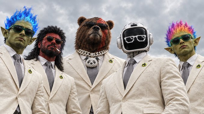 Five characters in cream-colored suits pose together, including a green-skinned elf with blue flame hair, a bearded man, a bear with sunglasses and chain, a robot with pixelated eyes, and another green-skinned elf with rainbow hair.