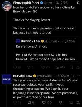 Twitter/X posts from accounts 'Shaw' (@isha) and 'Burwick Law' (@BurwickL) discussing Burwick Law and Elizaos market caps.
