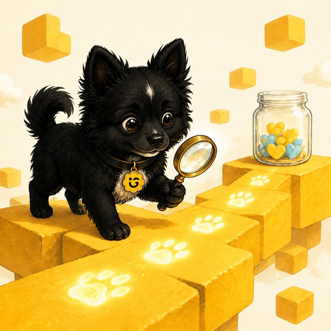 An illustration of a black puppy with a magnifying glass standing on yellow blocks with glowing paw prints leading toward a jar of hearts.