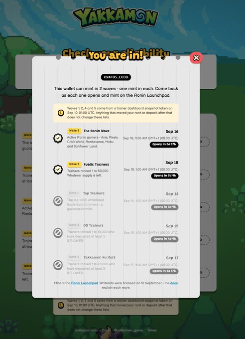 A screenshot from the Yakkamon game website showing a 'Check you are in!' eligibility popup with details about 'The Ronin Wave' and 'Public Trainers' mint waves scheduled in September.