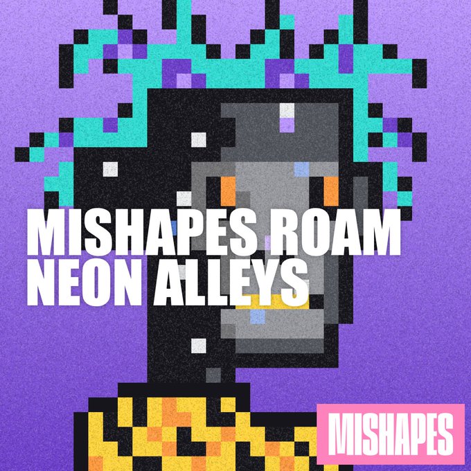 A pixel art poster on a purple background featuring a character with teal hair, displaying the text 'MISHAPES ROOM NEON ALLEYS' and 'MISHAPES'.