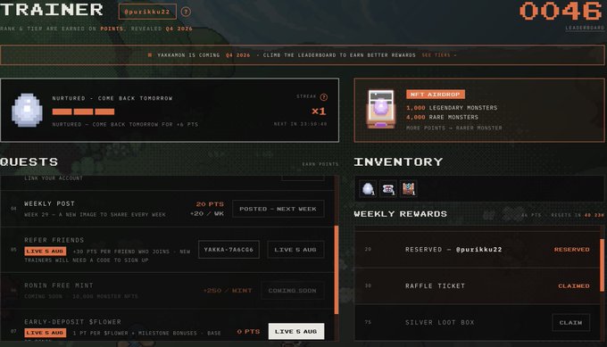 Gaming dashboard titled "TRAINER" for user @purikku22, showing quests, inventory, and weekly rewards including Reserved, Raffle Ticket, and Silver Loot Box.