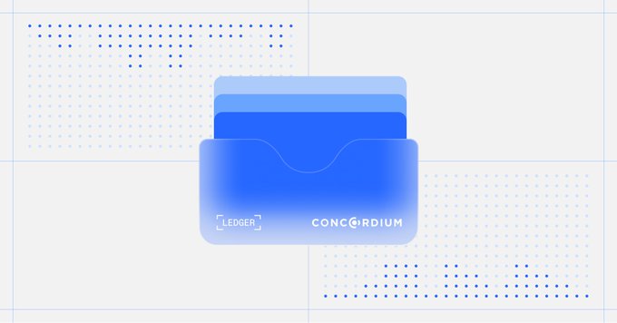 The image features a blue wallet with three cards inside, placed against a white background. The wallet appears to be made by Ledger and Concordium, as indicated by the text "Ledger & Concordium" written below the wallet. The wallet is open, revealing its contents - three cards neatly stacked together.